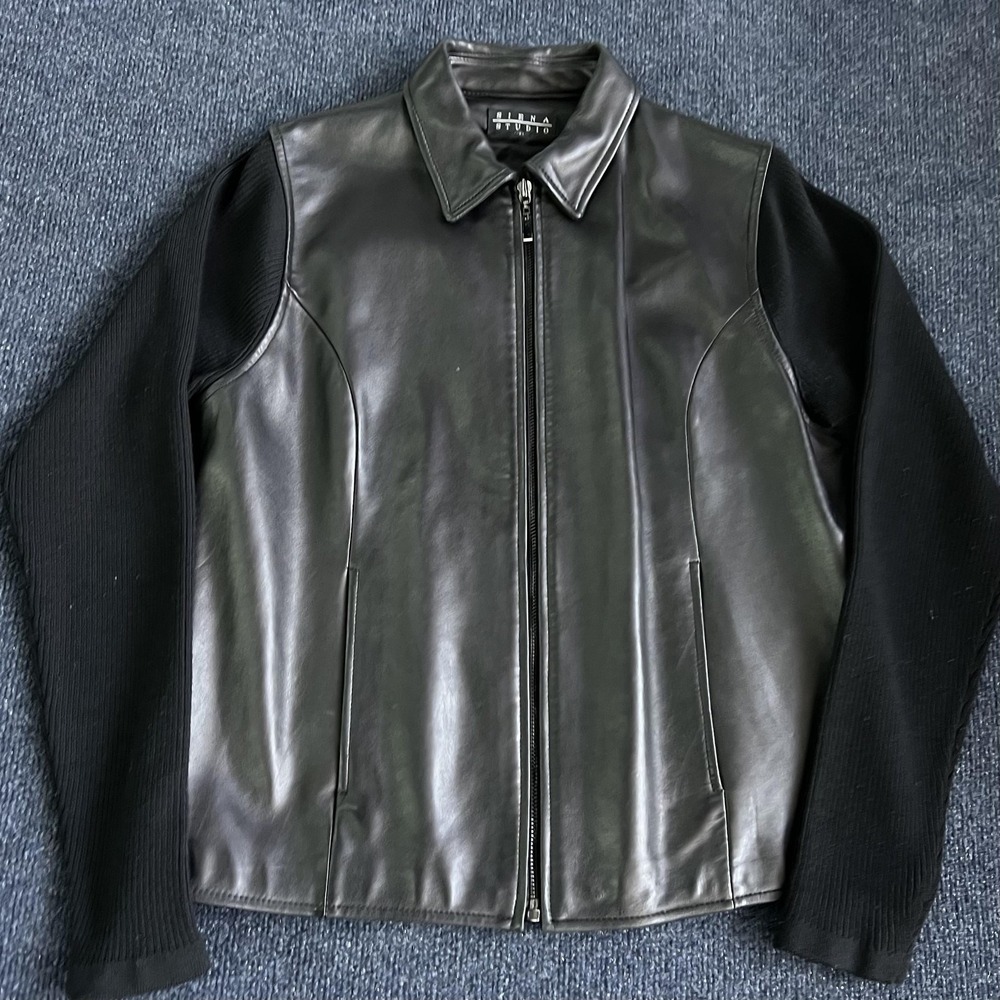 Siena‎ Studio Jacket Womens Large Black Leather Merino Wool Knit Sleeves